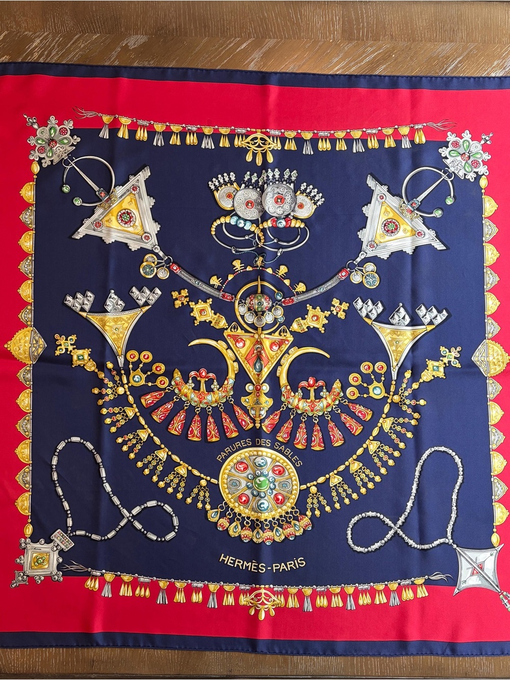 Hermès 'Parures des Sables' Silk Scarf Navy Red Hand Rolled Made in France